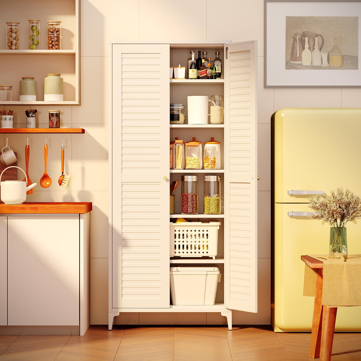 GangMei Metal Kitchen Pantry Cabinet with 2 Doors,Metal Pantry Cabinet with 5 Adjustable Shelves for Kitchen,Home,74.2" H × 31.5" W × 15.75" D,Required Assembly, White