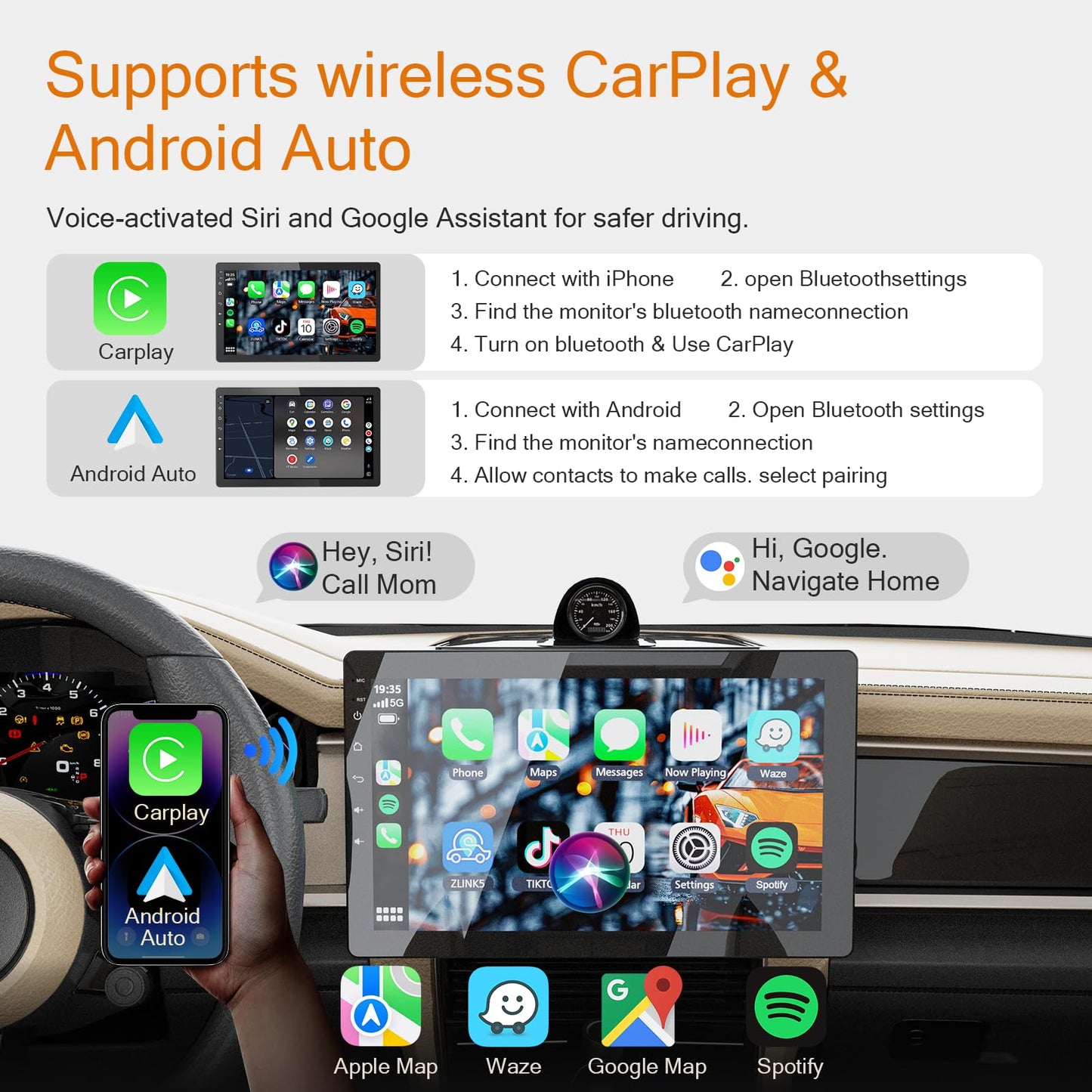 Haudio 10.1 Inch Single Din Radio Car Stereo,Support Wireless CarPlay and Android Auto,360 Rotatable Screen with 1080P Rear Camera,Mirror Link|Bluetooth|Music Play|AUX|FM/AM|SWC,Android Car Radio