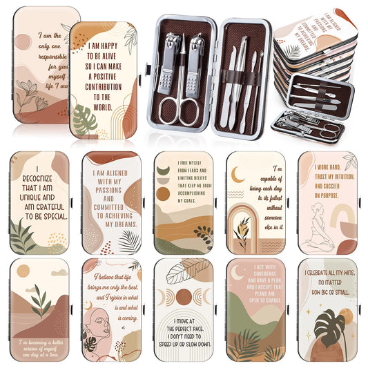 Capoda 12 Set Positive Affirmations Gifts Bulk Manicure Set Mothers Day Gift Nail Clippers Kit 7 in 1 Boho Inspirational Manicure Kit for Women Coworkers Employee Teacher Staff Nurse Gifts Supplies