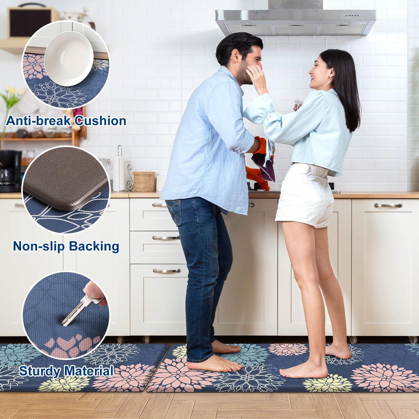 Anti-Fatigue Kitchen Mats Set 2 Piece, StepLively Blue Cushioned Foam Non-Slip Waterproof Standing Mats, Oeko-TEX Certified for Sink, Stove, Office & Laundry (17.3"x30"+17.3"x47")