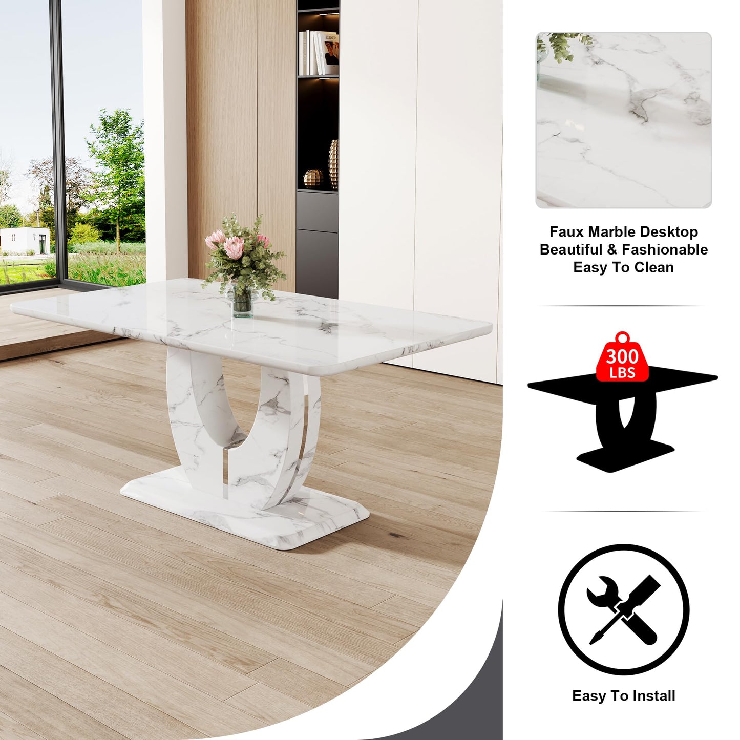 JUFU Modern Dining Table Set for 6,Rectangula Dining Room Table Set with 63 in Faux Marble Tabletop＆6 Pu Leather Upholstered Chairs Ideal for Dining Room, Kitchen （ 63'Dining Table Set 6 +White）