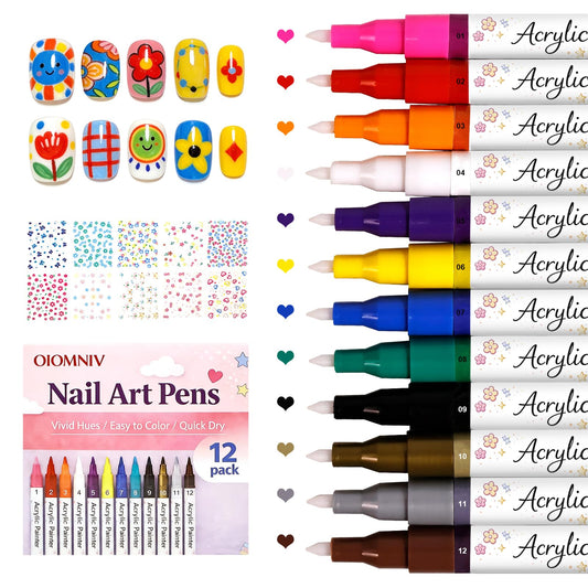 Oiomniv Acrylic Nail Art Pens Set, 12 Colors Quick Dry Nail Design Markers with Clear Number Codes, Fine Tip Paint Pens for Gel Polish, DIY Manicure Kit with 10 Nail Stickers