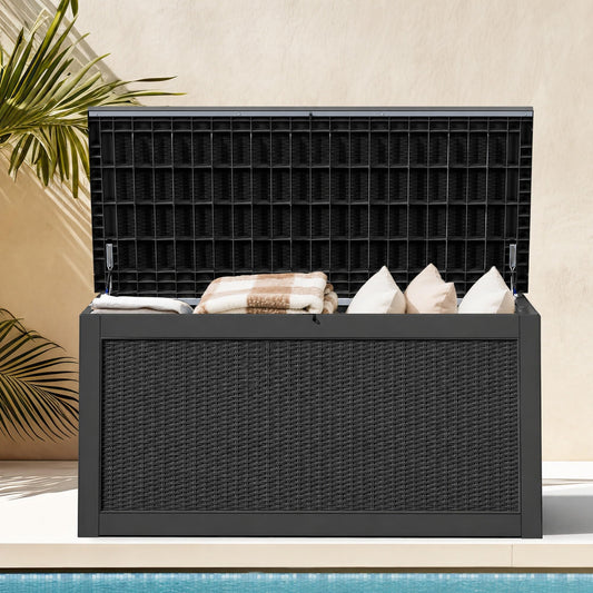 DWVO 320 Gallon Resin Outdoor Storage Box, XXL Large Waterproof Deck Box, Doubles as Table or Seating with 1000 lbs Capacity, Lockable (Black)