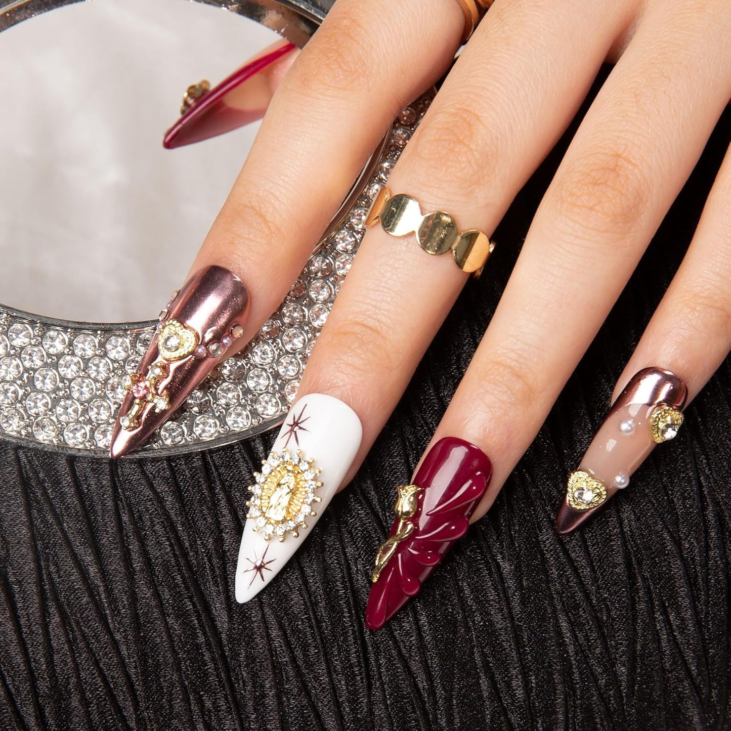LOVFUL Press on Nails | Handmade with Full Covered Crystals | Reusable Fake Nails | Stiletto Classic Regular 1.3 in| (Royal Crimson, S)
