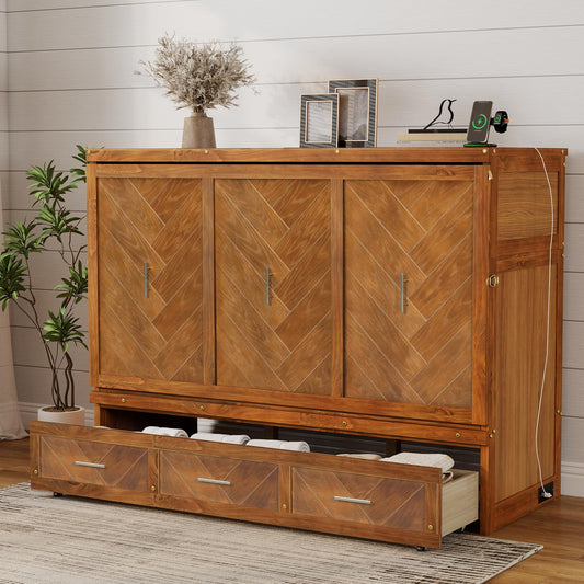DNYN Queen Size Murphy Bed with Storage Drawer and Built-in Charging Station for Bedroom/Guest Room, Space-Saving Foldable Pine Wood Cabinet Bed with USB Ports, No Box Spring Needed
