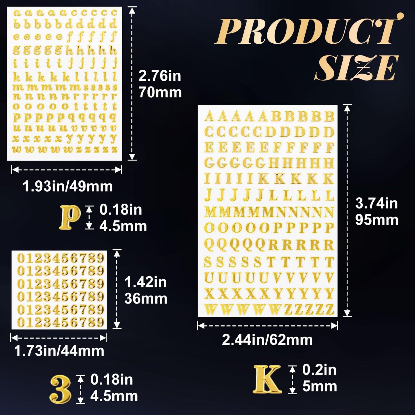 OIIKI 640pcs Small Metal Letter Number Stickers, 3D Self-Adhesive Mini Letter Stickers, 4.5mm Glitter Alphabet Number Decals Decoration Supplies for Scrapbook Nail Keyboard DIY Crafts- Gold