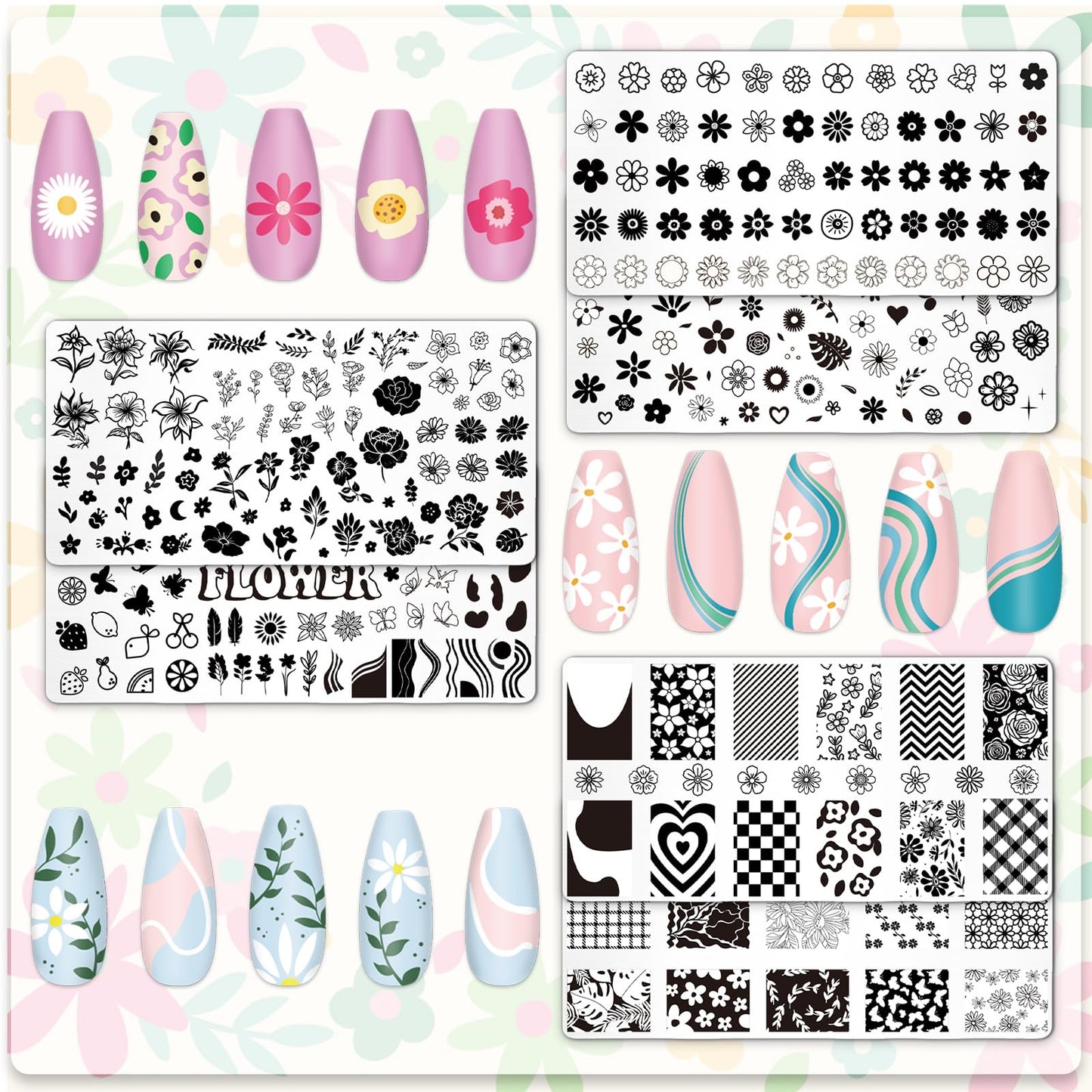 Whaline 6 Pcs Simple Floral Nail Plates Stamping Set Flower Leaves Stamp Templates Nail Art Plates for DIY Print Manicure Salon Design Gift