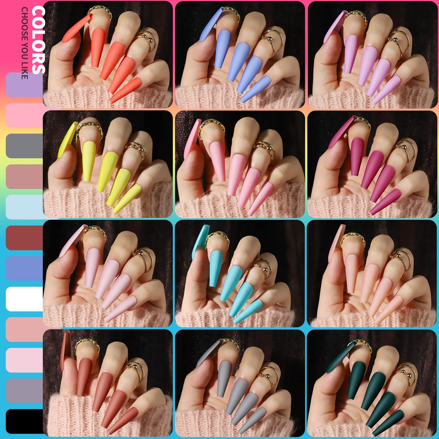 Teenitor Long Press On Nails Kit 24 Color Long Coffin Nail Tips Full Cover, 576pcs Long Coffin Press On Nails Fake Nails, Matte Nails Glue On Nails