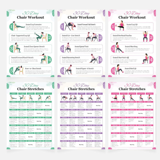 Chair Yoga Poster for Seniors & Beginners - Set of 6 Laminated Workout Posters - Gentle Seated Exercises for Stiffness, Joint Pain & Stress Relief - Easy to Follow 30-Day Challanges Home Workout Guide