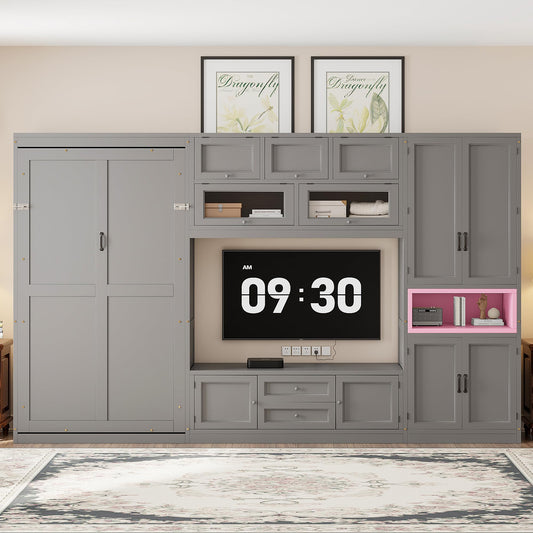 Ball & Cast Twin Size Murphy Bed with Integrated TV Stand and 2 Storage Drawers,Wood Hideaway Wall Beds w/Shelves & Cabinets,can be Folded,Space-Saving,for Small Room,Dorms,Color-Blocking Design,Gray
