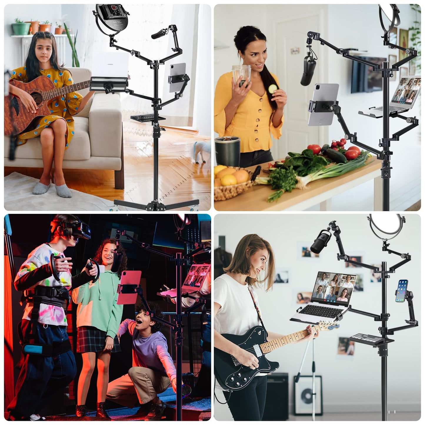 GVM 5-in-1 Movable Live Streaming Floor Stand Kit with Wheels, Overhead Camera Mount with 10" LED Key Light/Mic Boom Arm/Tablet Laptop Phone Stand/Tray for Live Broadcast Podcast Video Recording Game