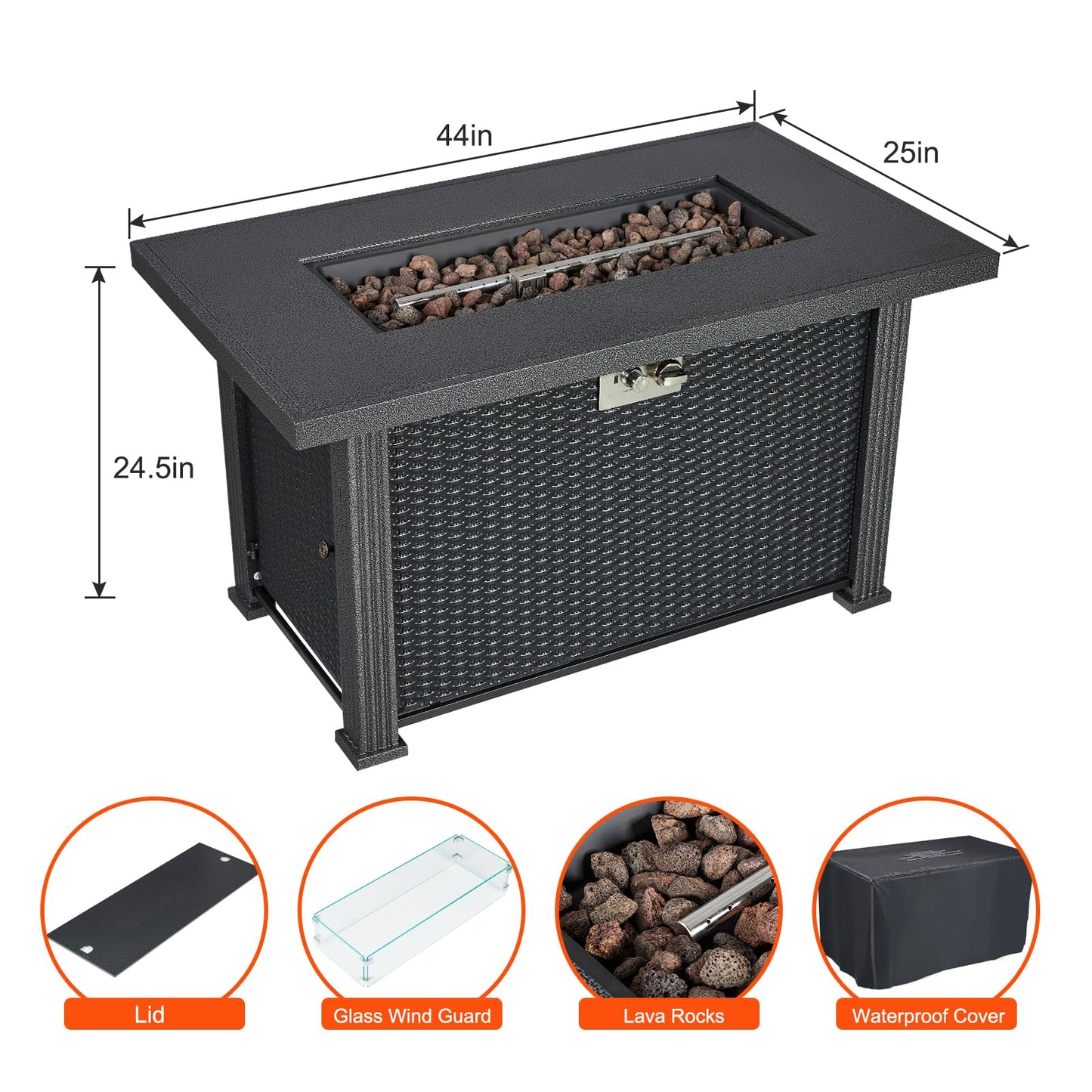 Outdoor Fire Table, 44 inch Rectangle Propane Gas Fire Pit Table, 50,000 BTU Modern Firepit with Wind Guard, Lava Rock, Rain Cover