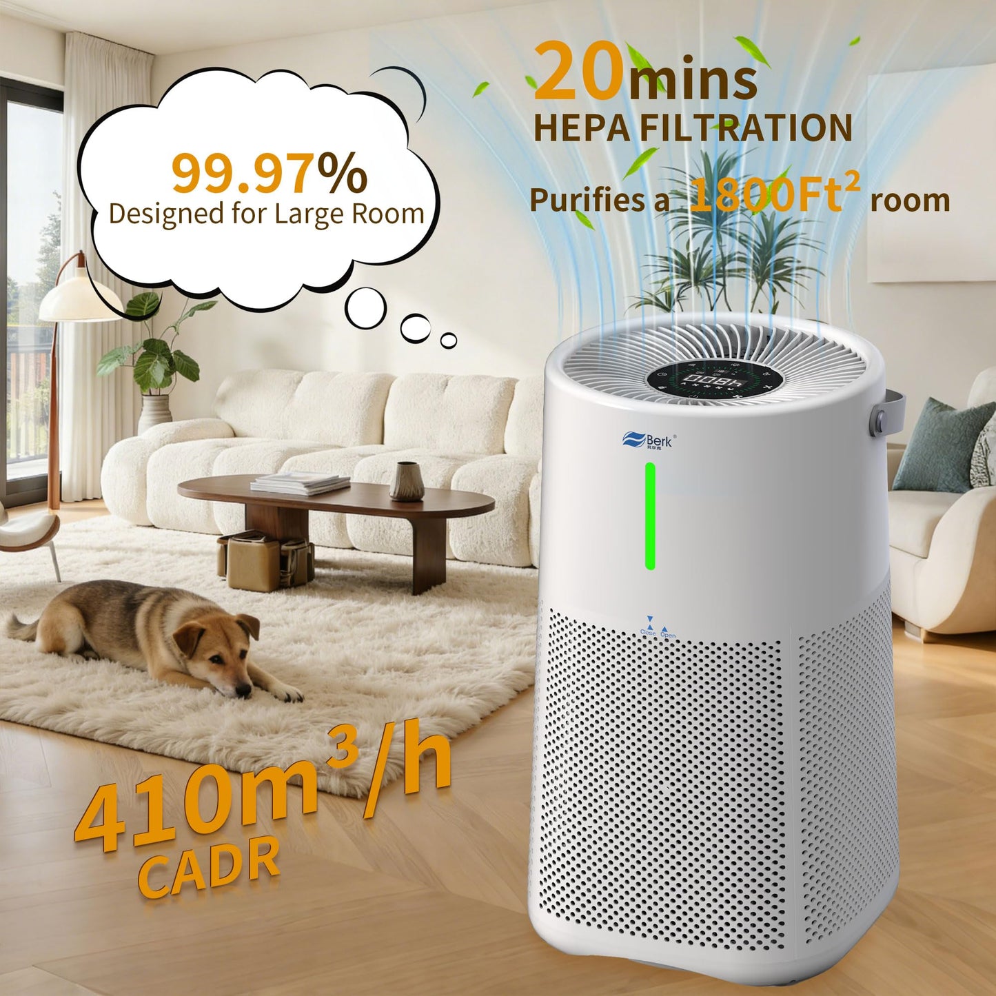 Berk Air Purifiers for Home Living Room,Cover Up to 1550 Ft²,Smart HEPA Air Purifier,PM2.5 Air Quality Display,Portable Air Purifier for Pets Hair, Smoke, Odors,Pollen (D3S-Smart)