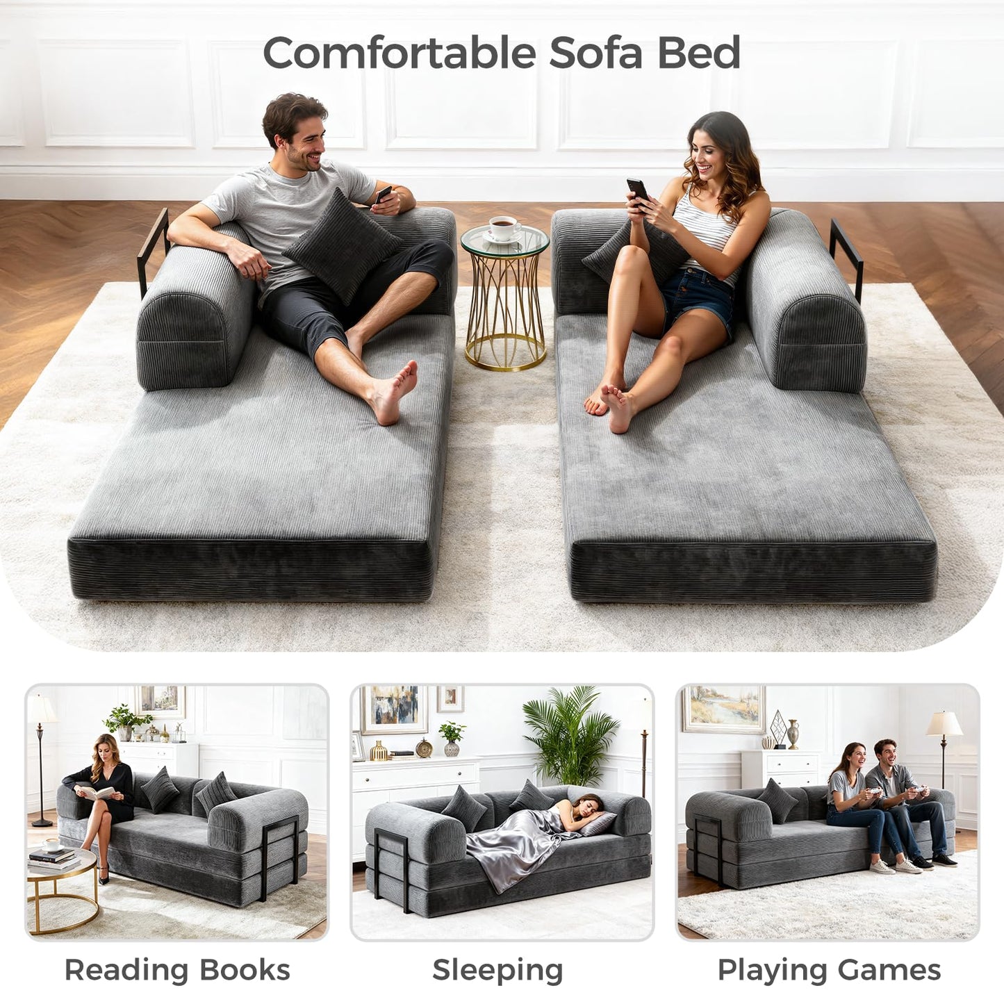 HipyMo 4-in-1 Folding Convertible Sofa Bed, 78 Inch Boneless Couch with Fixed-Shape Frame, Loveseat Sleeper with Pull Out Bed, Floor Sofa Modular Futon Couch for Living Room Bedroom Lounge (Gray)