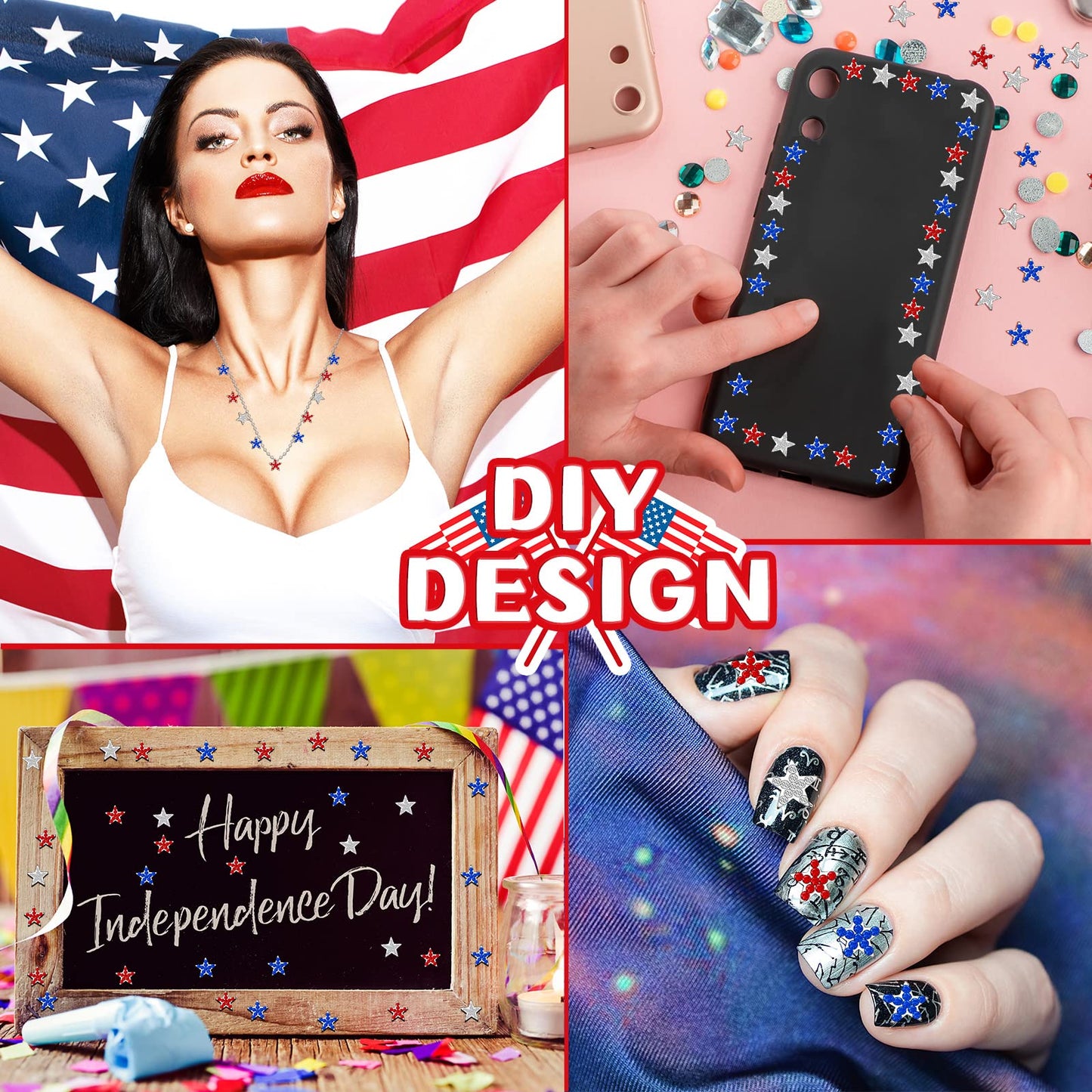 Leelosp 36 Pcs Star Shaped Nail Charms 4th of July for 250th Anniversary, Patriotic Red White Blue 3D Alloy Rhinestones, DIY Nail Art Gems, Independence Day Jewelry for Women