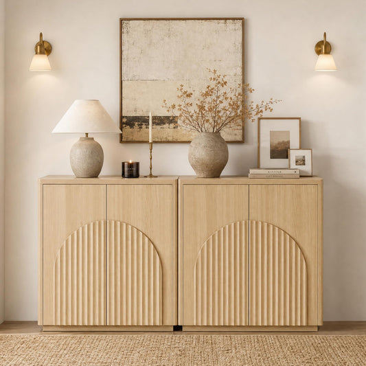 CHITA Sideboard Buffet Cabinet with Storage, Small Storage Cabinet with Doors and Shelves for Living Room Accent, Bar, Kitchen, Set of 2, Oak