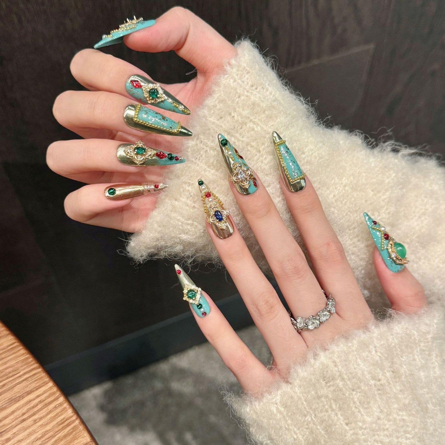 TENPAL Handmade Palatial Press On Nails Long Stiletto,Heirloom Chrysoberyl & Ruby Inlaid Artisan Cameo Designs,Reusable Wedding Fake Nails for Bride 10Pcs with Tools Kit(XS)