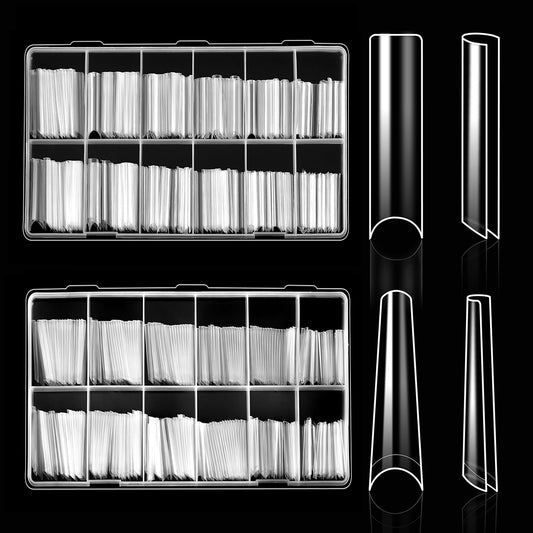 ELLEWIN 480PCS No C Curve Clear Nail Tips, 2XL Long Half Cover Straight and Coffin Nails for Acrylic Nails Kit, 12 Sizes Soft Square Gel Fake Nails Extension for Salons and Home DIY Gifts