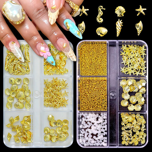 SHUXILIN 2Boxes Summer Steel Studs Metal Pearls Nail Gems Charms Metal Small Seashell Starfish Alloy Seahorse Nail Rhinestones Charms for Acrylic Nail Art Marine Theme Nail Supplies for Women Manicure