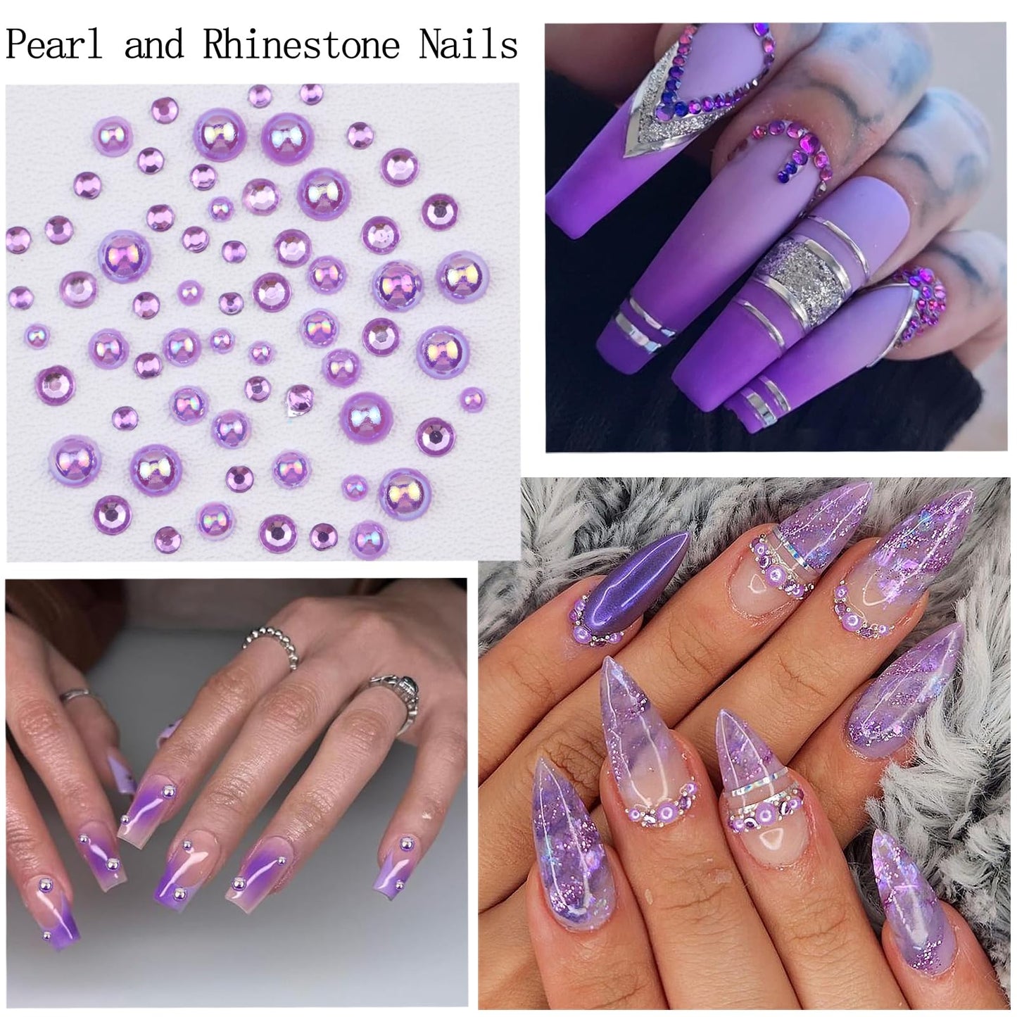 SEMATA Pink Nail Art Pearls Charms Flatback Nail Rhinestones Mixed Size Nails Gems Pink Purple Blue Nails Pearls Rhinestones Art Accessories Decoration Design for Women