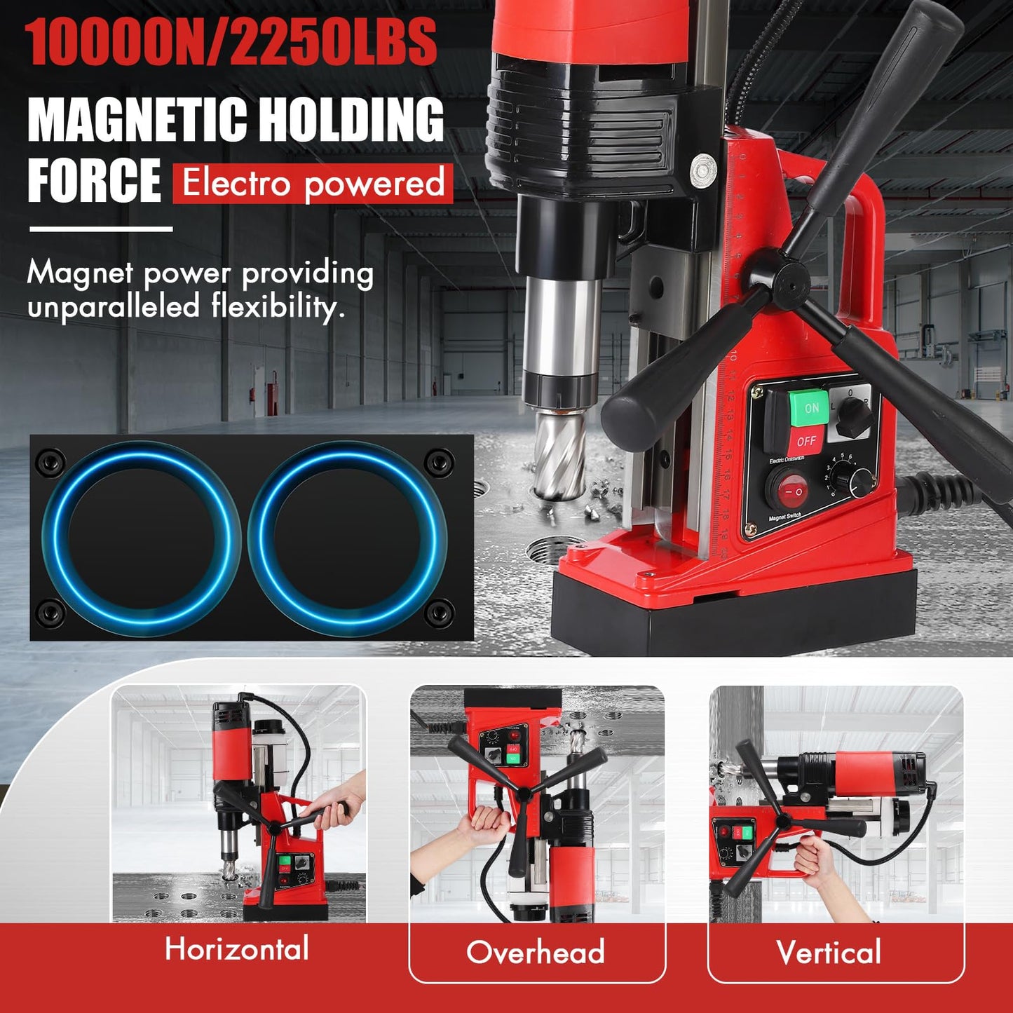 COZONY Mag Drill Press, 1400W 810RPM Portable Magnetic Drill Press, 10-Speed Core Electric Drilling Machine for Metal Working,10Pcs Annular Cutters Drilling Bits，Red