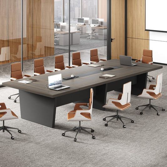 Nuipesn 118 Inch Rectangular Conference Table, 10FT Meeting Table for 10-12 People, Built-in Power Outlets and USB Charging Ports, Cable Management, 2 Inch Thick Top, Walnut and Charcoal Gray