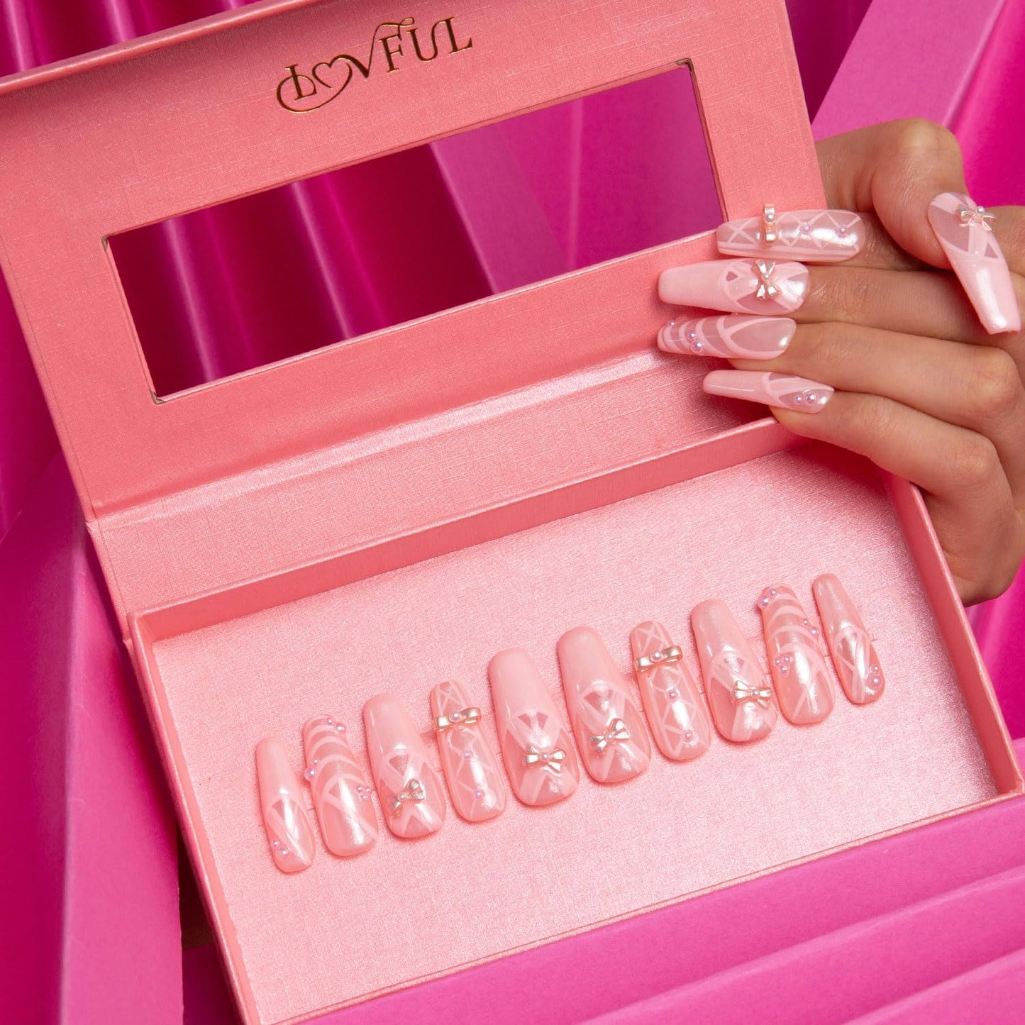 LOVFUL Press on Nails Tiptoe Ballet | Handmade with Full Covered Crystals | Reusable Full Cover Nails | Coffin Classic Regular 1.3 in | H291-L