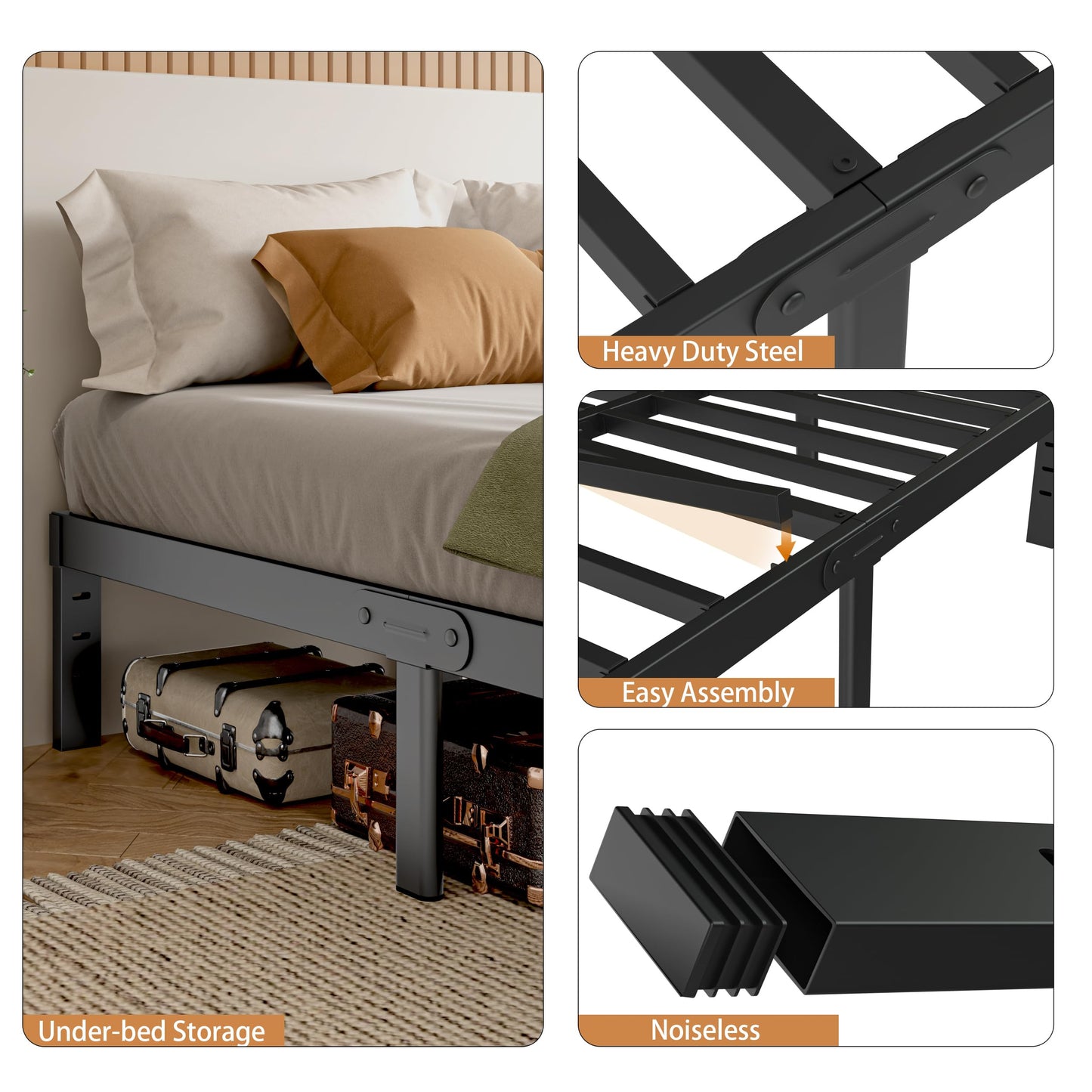 KZZLOL Queen Size Bed Frame Black, 16 Inch Metal Queen Bed Frame No Box Spring Needed, DIY Headboard Holes, Heavy Duty Steel Support 3500 LBS, Noiseless, Round Corner Leg, Storage Space, Easy Assembly