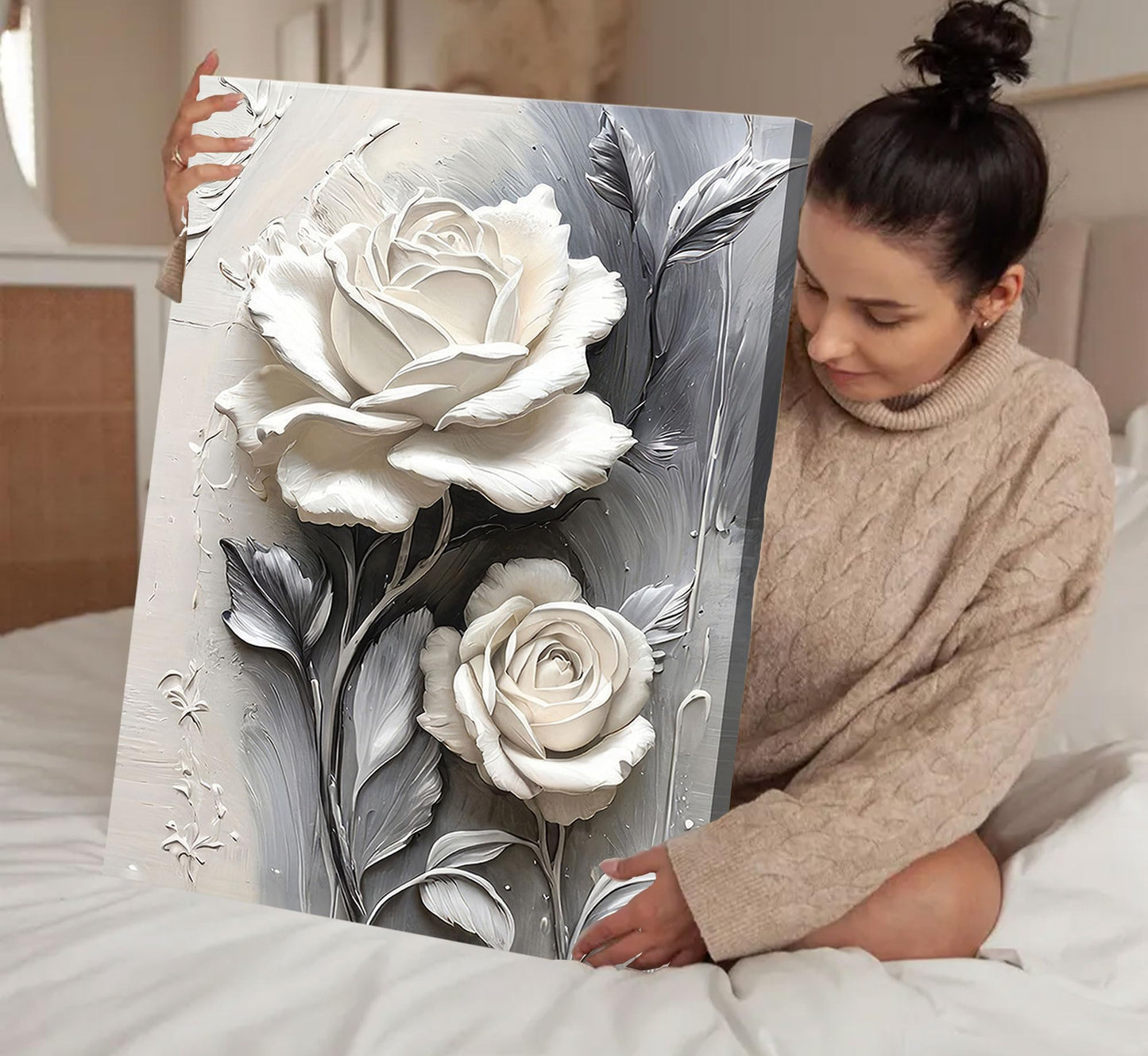 Elegant White Rose Canvas Wall art Modern Abstract Floral Wall Decor Picture White Blooming Flowers Poster Print Painting for Office Living Room Bedroom Bathroom Home Decorate Prepare To Hang