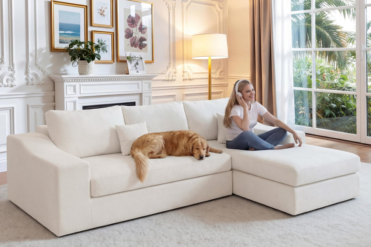 HABUTWAY 101'' Modular Sectional Sofa, Cloud Sectional Couches for Living Room, Comfy Boneless Couch with Deep Seat, Modern L-Shape Sofa with Chaise, No Assembly Required (Beige, Right Facing Chaise)