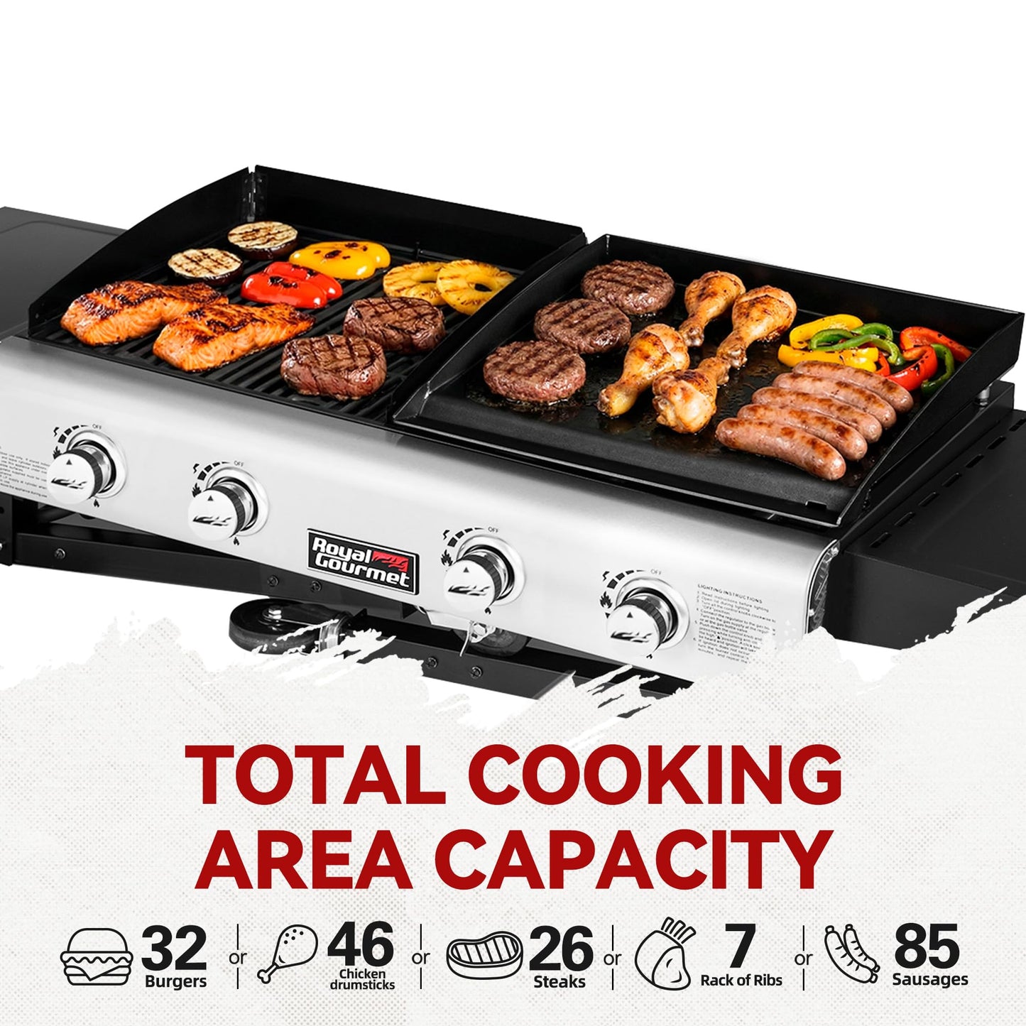 Royal Gourmet GD401C 4-Burner Propane Gas Grill and Griddle Combo with Cover, Griddle Grill Combo with 48,000 BTUs Output for Outdoor Cooking While Camping or Tailgating, Black & Silver