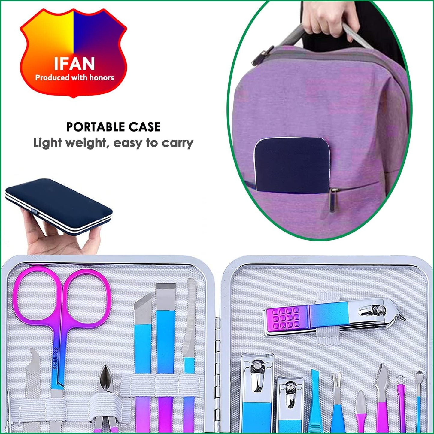 IFAN™ Professional Nail Clipper Nail File Nail Cutter 12PCS in 1 Rainbow Stainless Steel Manicure Set Pedicure Combo Facial Care Tools for Household Travel Portable Gift for Women（12P）
