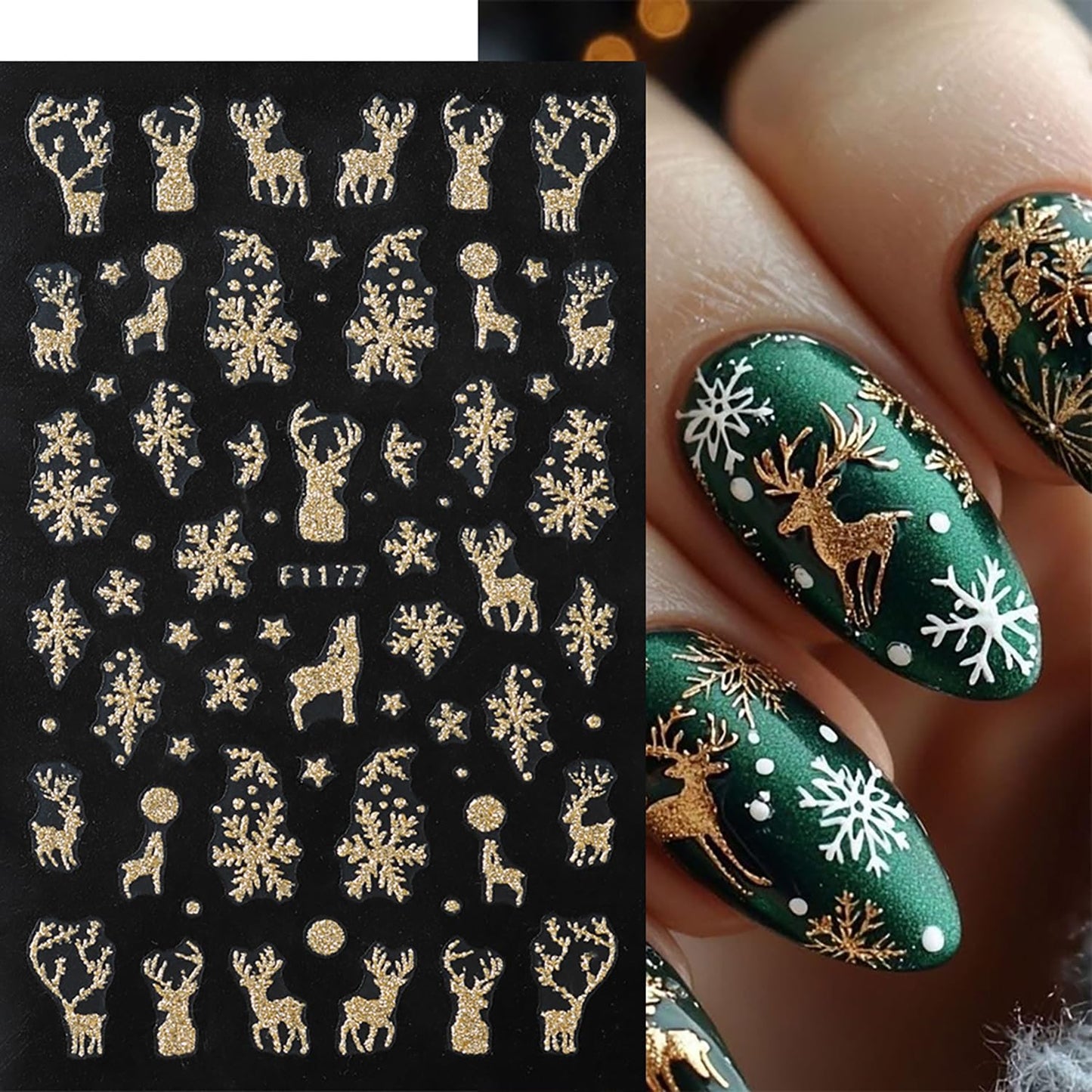 Christmas Gold Nail Art Stickers Cute Snowman Elk Christmas Trees Nail Decals Holographic 3D Self -Adhesive Golden Glitter Snowflake Nails Stickers Xmas Nails Decoration for Women Featival Manicure