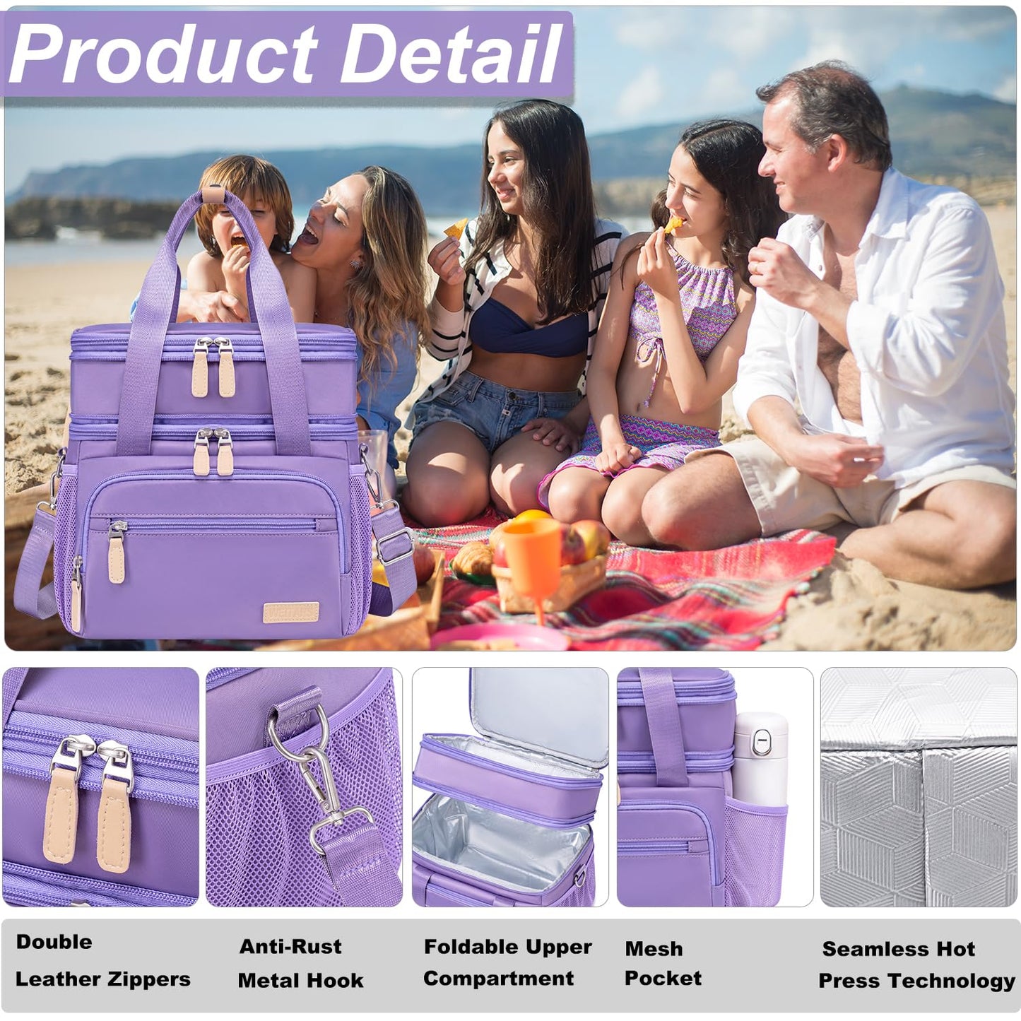 Weitars Insulated Lunch Box for Women Men-Dual Compartment Waterproof Reusable Large Lunch Bag Wide-Open Tote Cooler Bag For Working Picnic Hiking (15L) (Purple)
