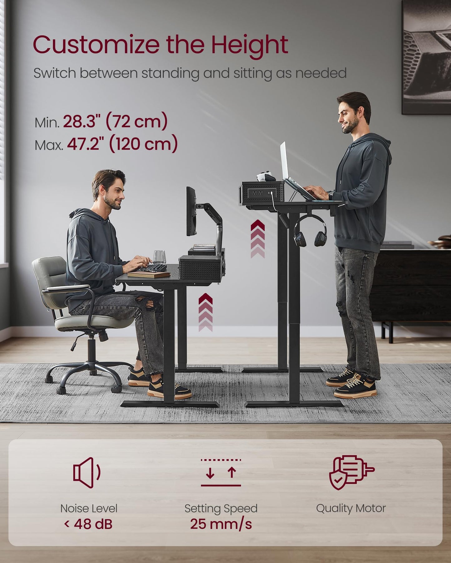 VASAGLE Electric Standing Desk with Drawers, 55.1 x 23.6 Inches, Sit Stand Desk with Power Outlet and LED Lights, Adjustable Height, Storage Shelf, 3 Memory Buttons, for Home Office, Ink Black