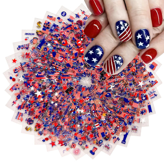 30 Sheets 4th of July Nail Stickers for Nail Art Independence Day Nails Art Stickers 3D Self Adhesive American Flag Stars Letters Fireworks Nails Decals Fourth of July Design Sticker for Women