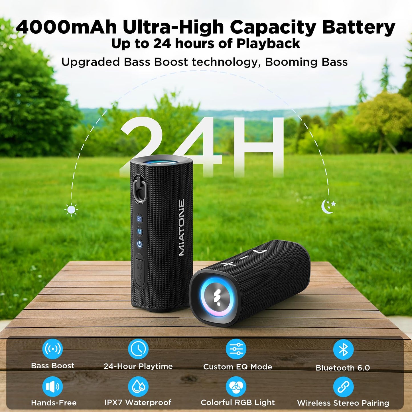 MIATONE Bluetooth Speaker 40W BT 6.0 Outdoor Portable Bluetooth Speakers with 3 EQ,Deep Bass,24H Playtime TWS,IPX7 Waterproof Shower Speakers Bluetooth Wireless Portable Speaker for Party/Beach-Black