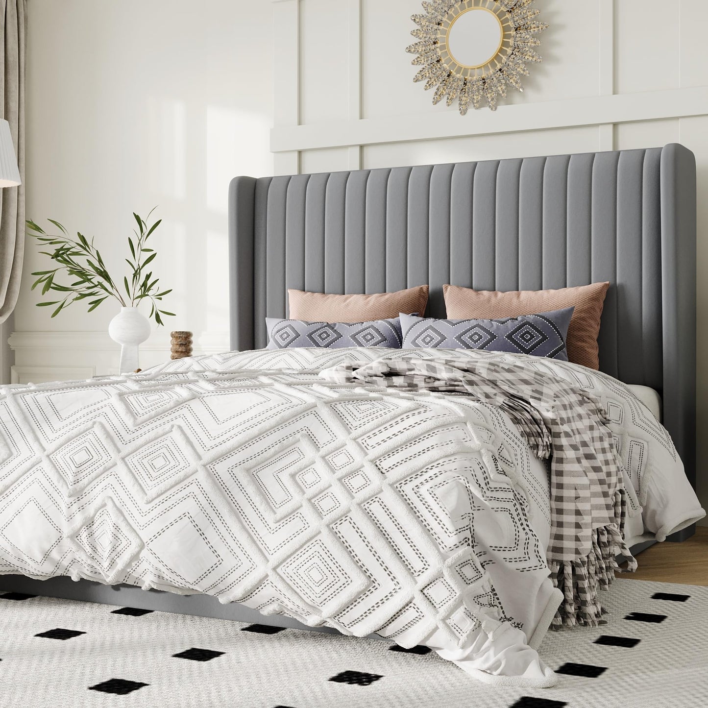 Allewie Queen Size Lift Up Storage Bed Frame, Hydraulic Support System, Upholstered Platform Bed Frame, Underneath Storage, Vertical Channel Tufted Headboard with Wingback, No Box Spring Needed, Grey