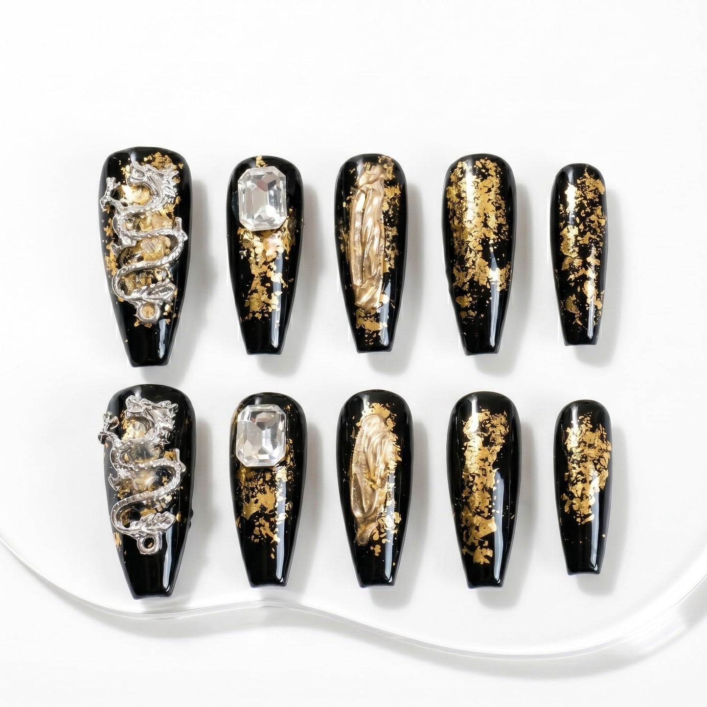 Sun&Beam Nails Handmade Long Coffin Ballerina Black Gold False Nail Tips with Cute 3D Dragon Popular Charm Design Press On 10 Pcs (#52 M), FN-HM-052-M.AU