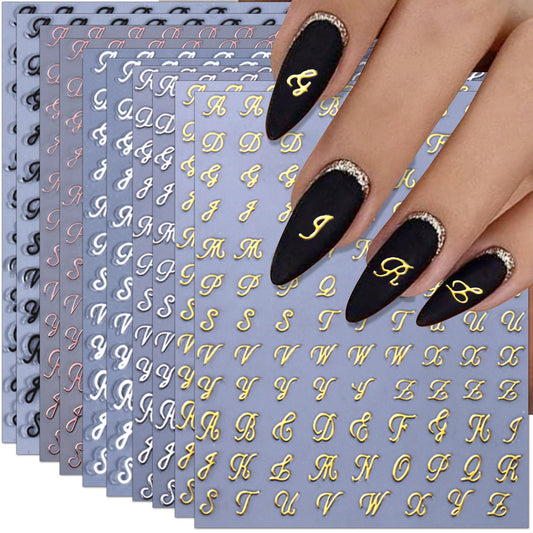 IDDFEVE 10 Sheets Letter Nail Art Stickers - 3D Handwritten Old English Alphabet Nail Decals for DIY Acrylic Manicure Nail Decorations