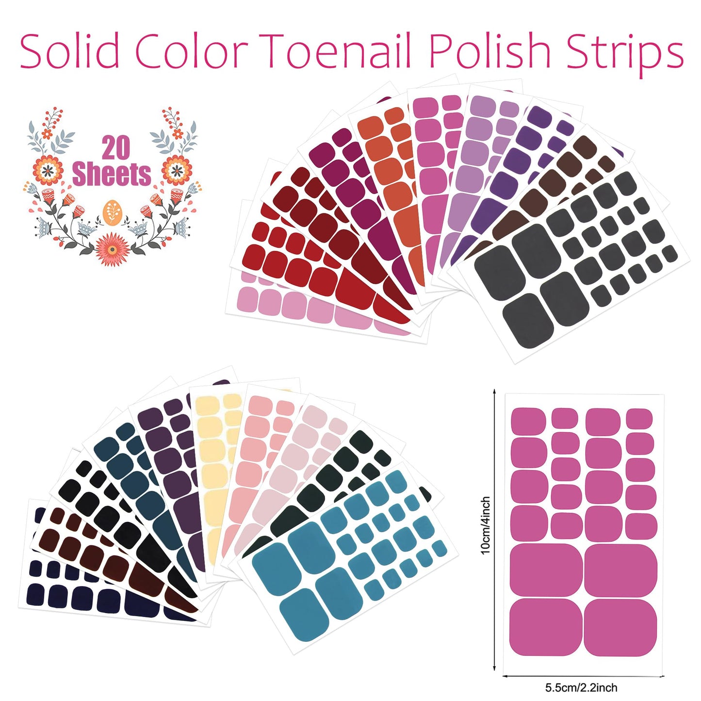 JERCLITY 440 Pieces 20 Sheets Pink Brown Toenail Polish Strips for Women Nail Art Wraps Toe Nail Stickers Full Nail Wraps for Toes Nail Polish Stickers for Toenails
