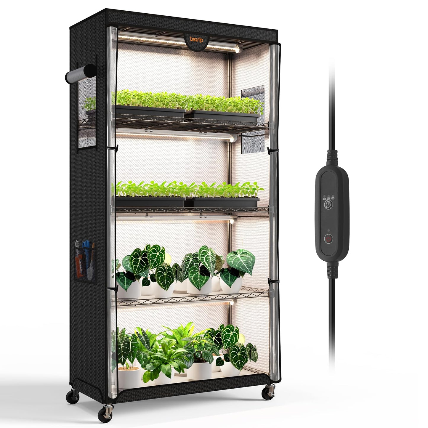 Bstrip Indoor Greenhouse with Grow Light, Plant Stand with 4 Pack 24W Full Spectrum Plant Lights, Plant Shelf with Tent for Indoor Plant, Seed Starting, Seed Tray, 29.5"x13.8"x59"
