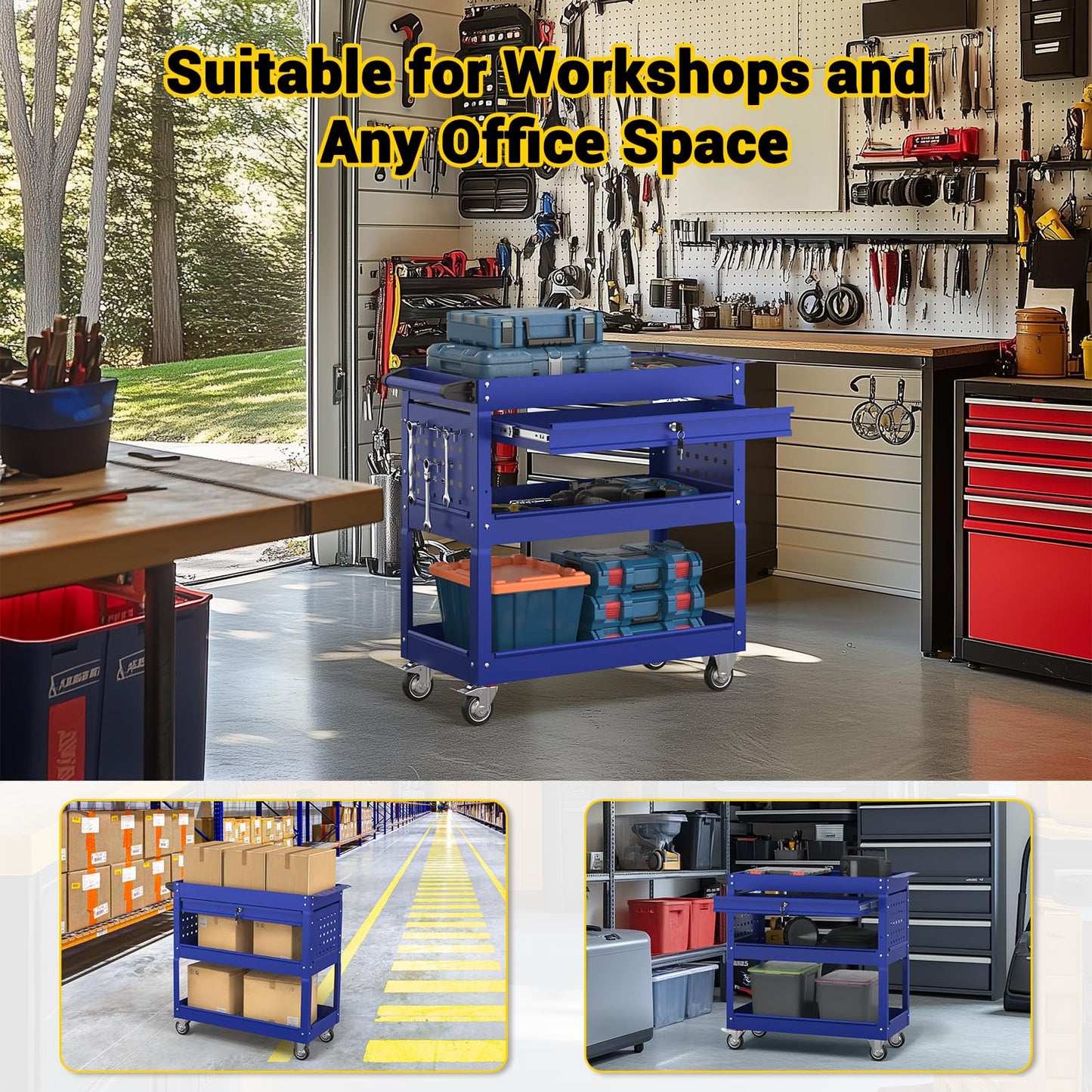 Cobinery 3 Tier Rolling Tool Cart on Wheels, 550 LBS Tool Cart with Drawers，Heavy Duty Utility Cart with Pegboard and Hook，Mechanic Tool Storage Cart for Garage, Warehouse and Repair Shop(Dark Blue)