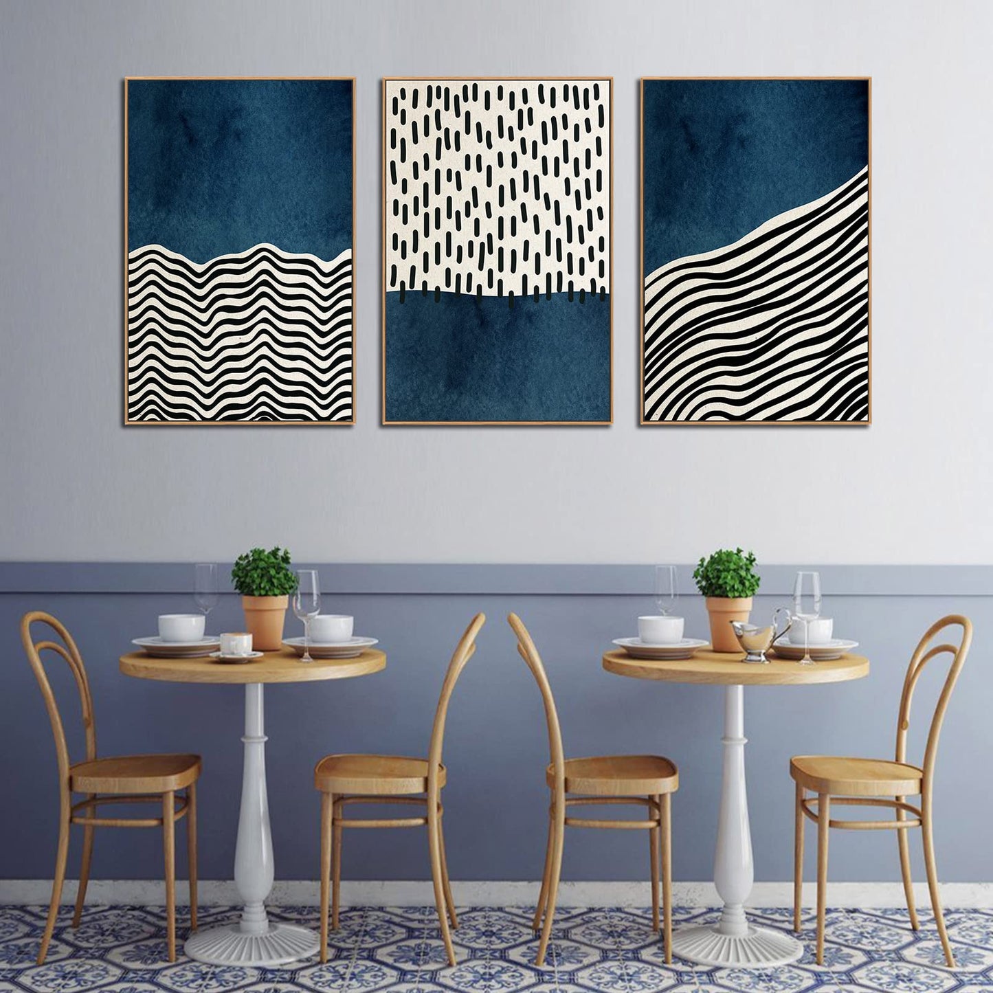 Framed Wall Art Canvas Set Mid Century Boho Picture Modern Abstract Geometric Lines Wall Decor Minimalist Black Indigo Canvas Painting Artwork Living Room Bedroom Home Office 24"x36"x3 Natural