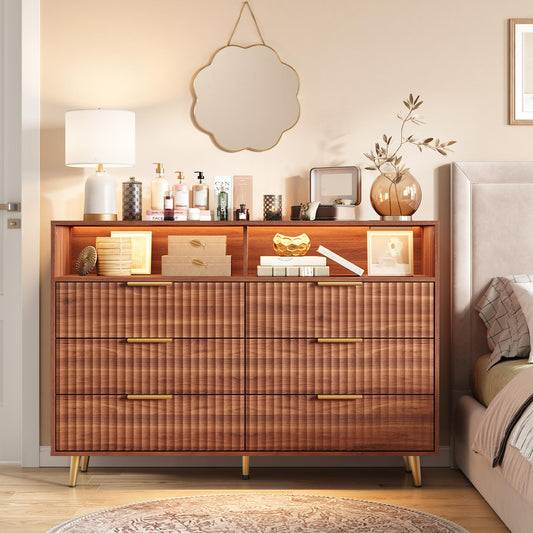 6 Drawers Dresser for Bedroom, 53.9" Wide Dressers with LED Lights and Charging Station, Curved Profile Design, Fluted Wood Drawers with Gold Handle, Modern Chest of Dressers for Living Room, Walnut