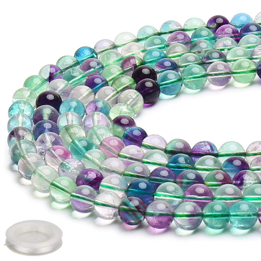 70PCS Natural 8MM Healing Gemstone, Fluorite Energy Stone Round Loose Beads, Semi-Precious Crystal Beads with Free Elastic String for Jewelry Making DIY