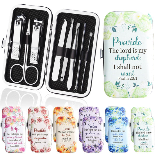 12 Sets Christian Gifts Bulk for Women Religious Nail Clipper Gifts Bible Verse Manicure Kit 8 in 1 Bible Manicure Sets Floral Scripture Stainless Nail Gift for Staff Women Wedding Party Supplies