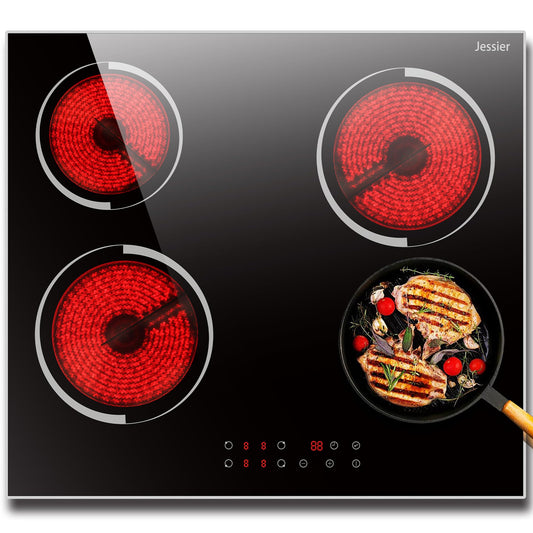 Jessier Electric Cooktop 24 Inch - 4 Burner Drop-in(22.05"x19.3") Electric Ceramic Cooktop, Electric Stove Top with Glass Protection Metal Frame, 9 Heating Level, 6000W, 220V Hard Wire(No Plug)