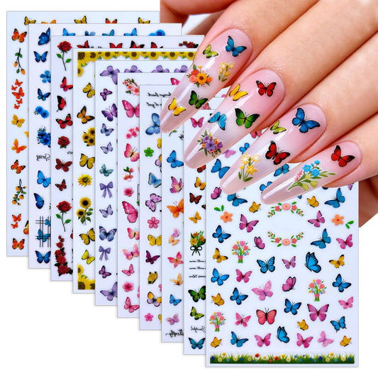 10 Sheets Spring and Summer Butterflies Nail Art Stickers Sunflowers Rose Nail Stickers Colorful Butterfly Flowers Design Nail Decals Design for Women Girls Manicure Decoration