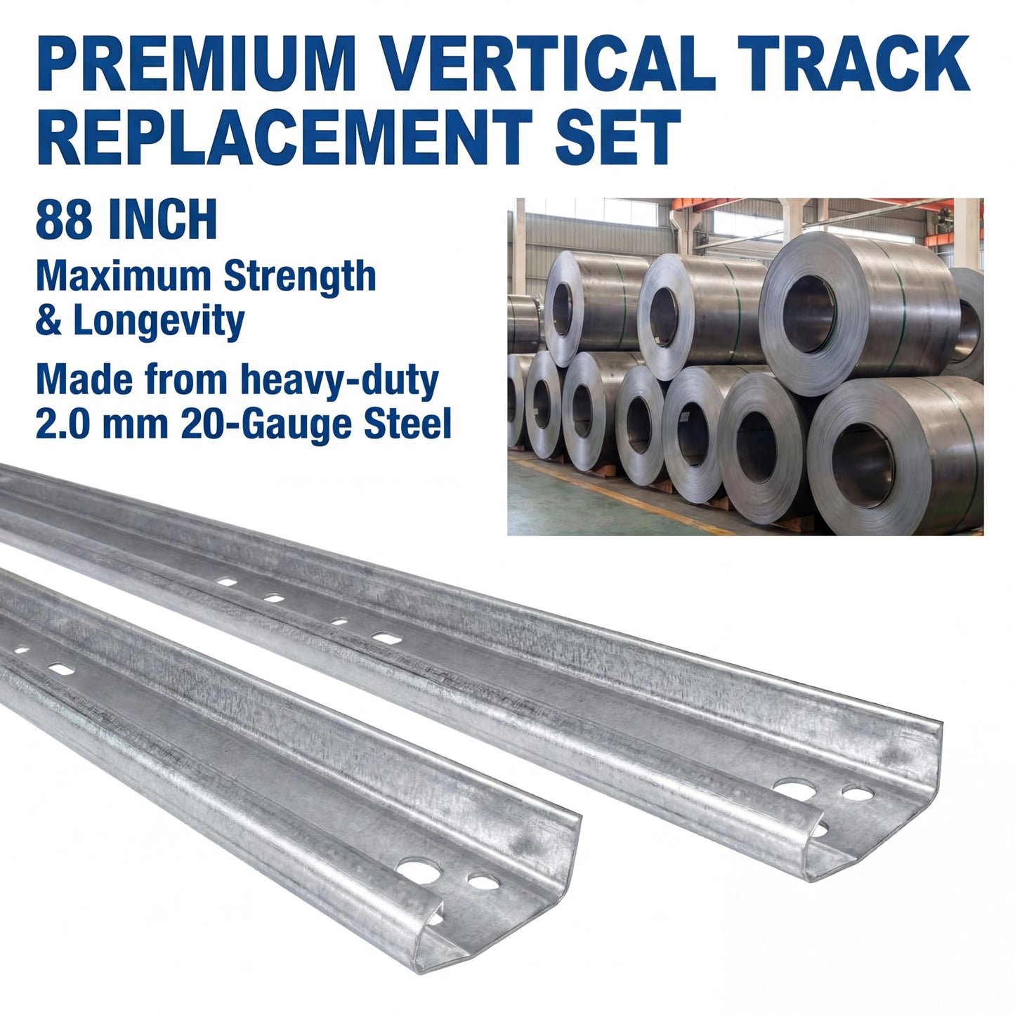 2-Pack Universal Garage Door Vertical Track Set – 88" Tall Replacement Rails for 8' Foot Doors, 2 mm Heavy Duty Galvanized Steel, Durable & Warp-Resistant, Fits 2" Rollers